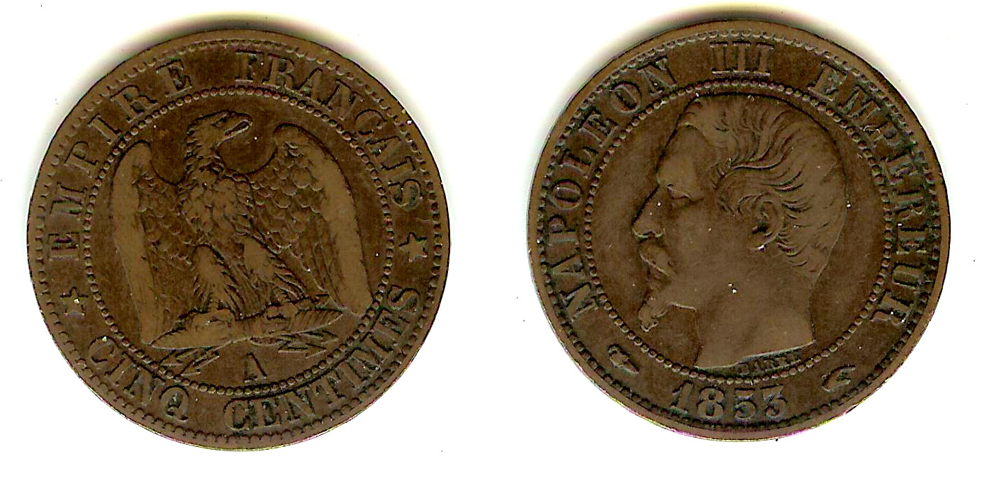 Cinq centimes Napoléon III, tête nue 1853 Paris TTB+